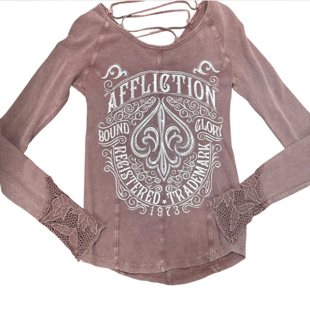 Affliction Mauve Lace-Up Graphic Long Sleeve Top